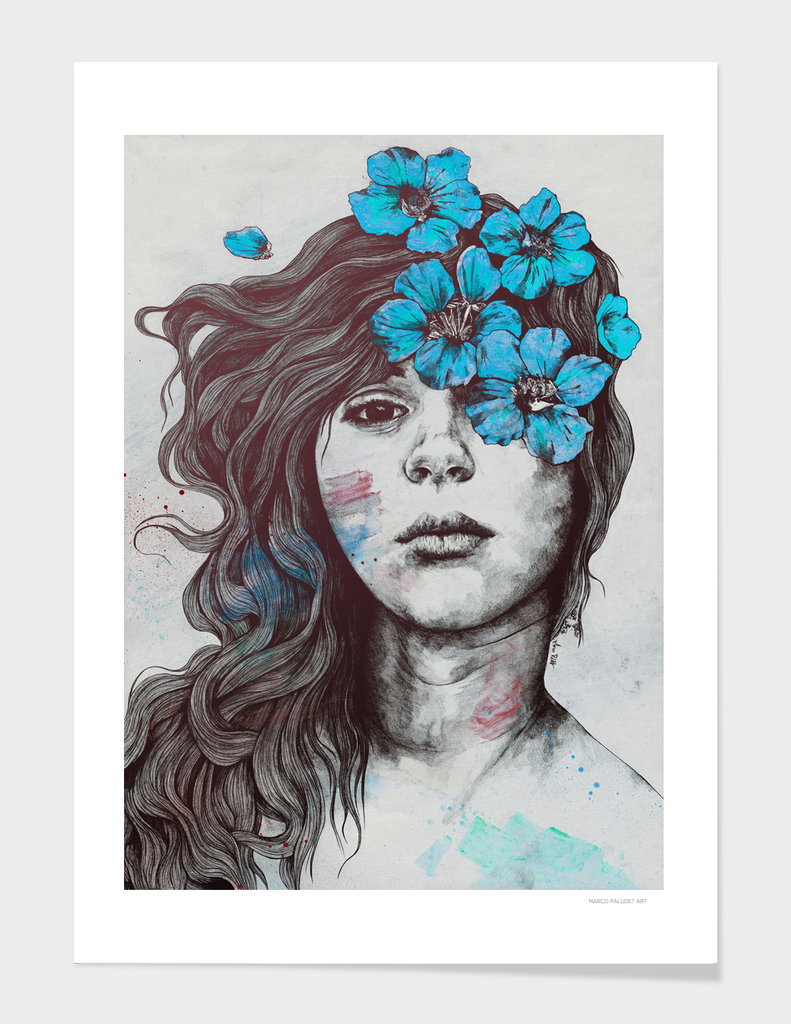 Softly Spoken Agony blue | flower girl pencil portrait