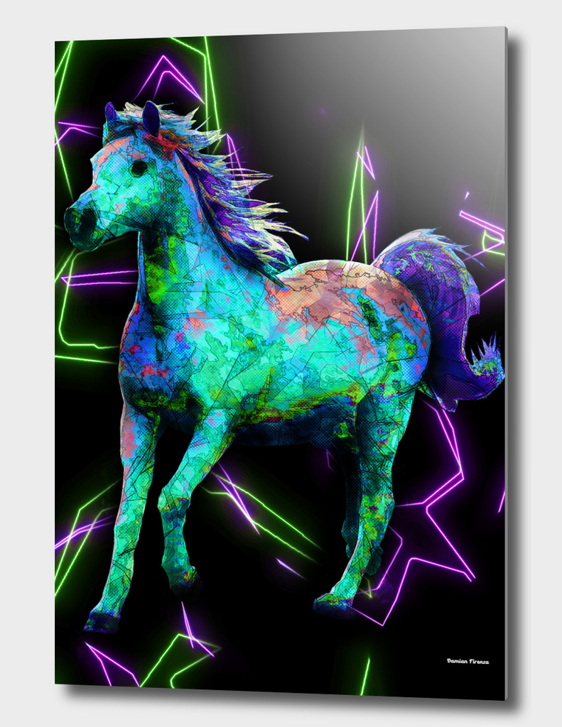 Horse Animals Nature - Colored Painting Drawing Neon» Aluminum Print by  Damian firenza | Curioos