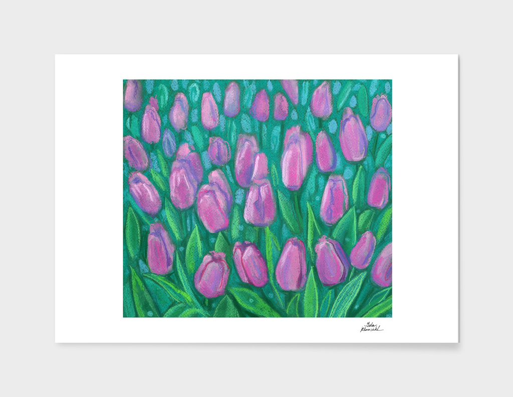 Pink Tulips Field Floral Art Spring Flowers Pastel Painting