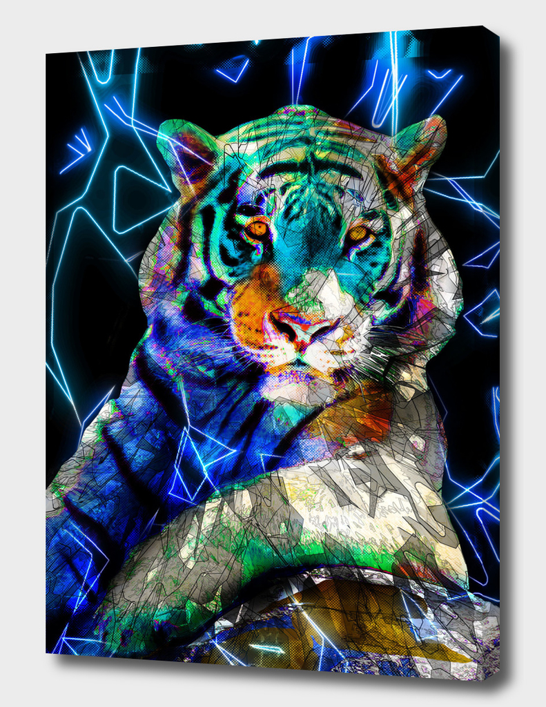 Tiger Animals Nature - Colored Neon Street Art Blue