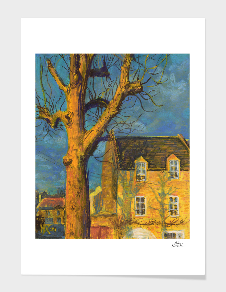 Yellow House, Yellow Tree Landscape Pastel Painting
