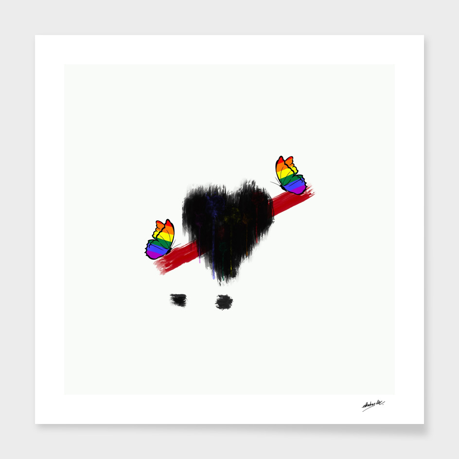Black heart with rainbow butterfly's