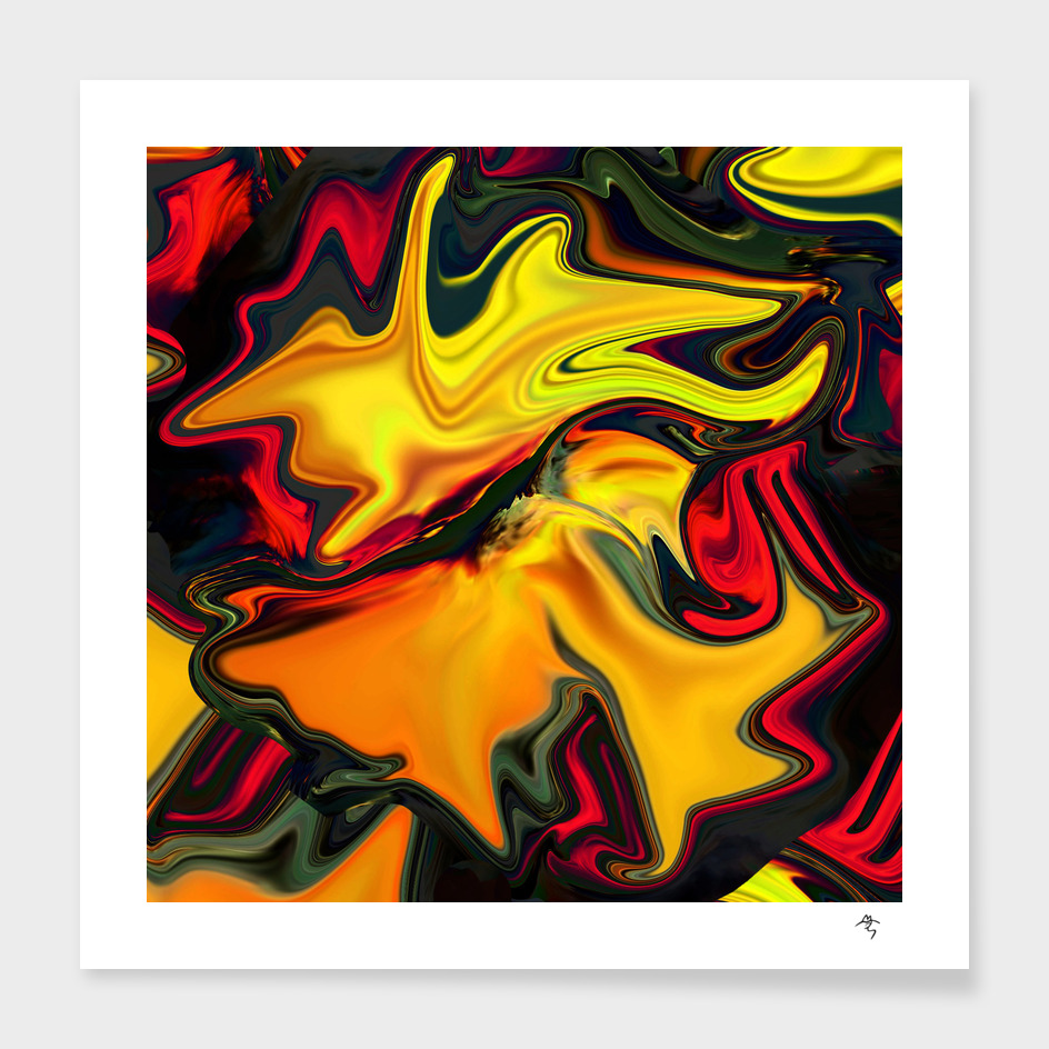 dance of dawn birds, yellow on black, red, abstract art