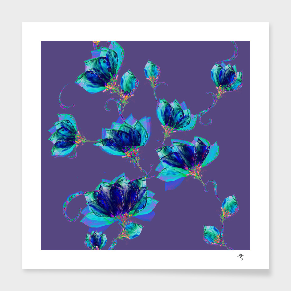 Fluid art, blue flowers, on purple, seamless pattern