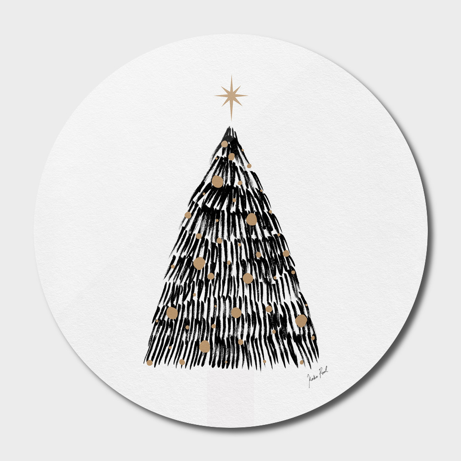 Ink painting, tree, gold star, christmas tree