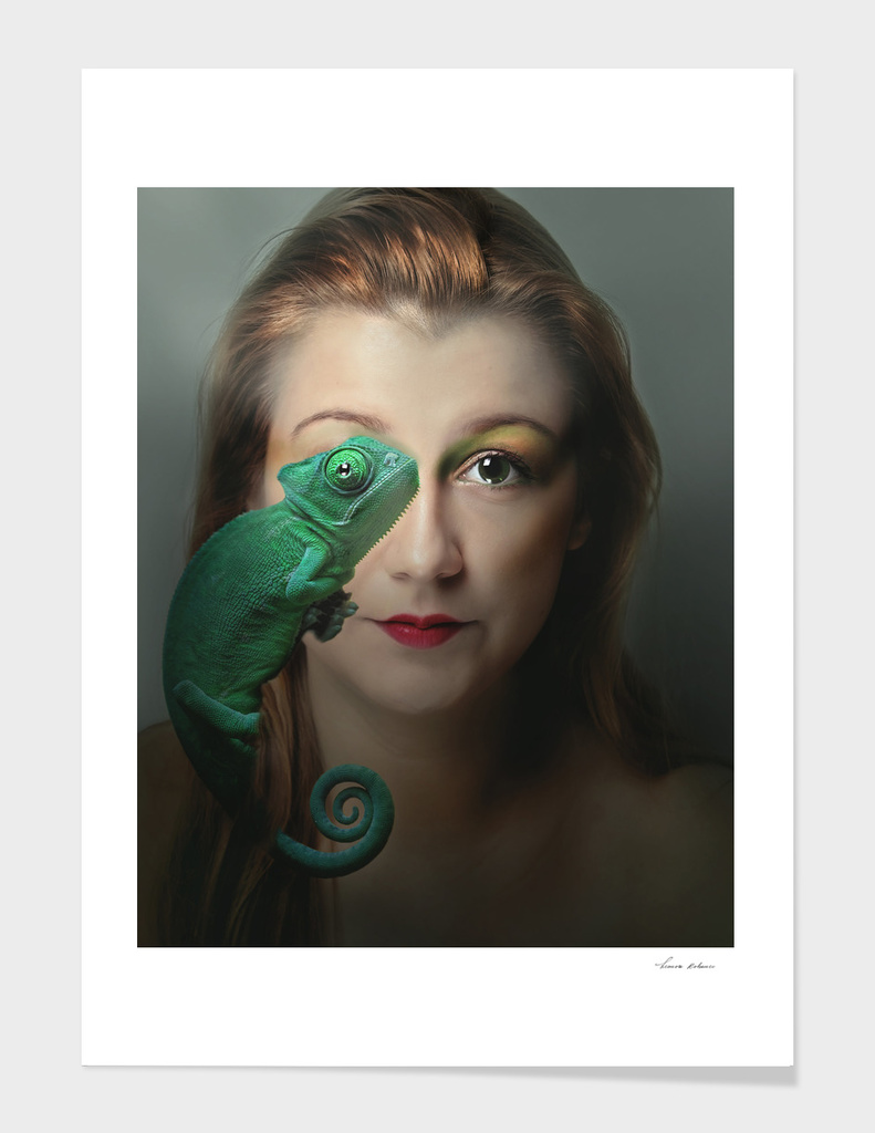 woman and green chameleon