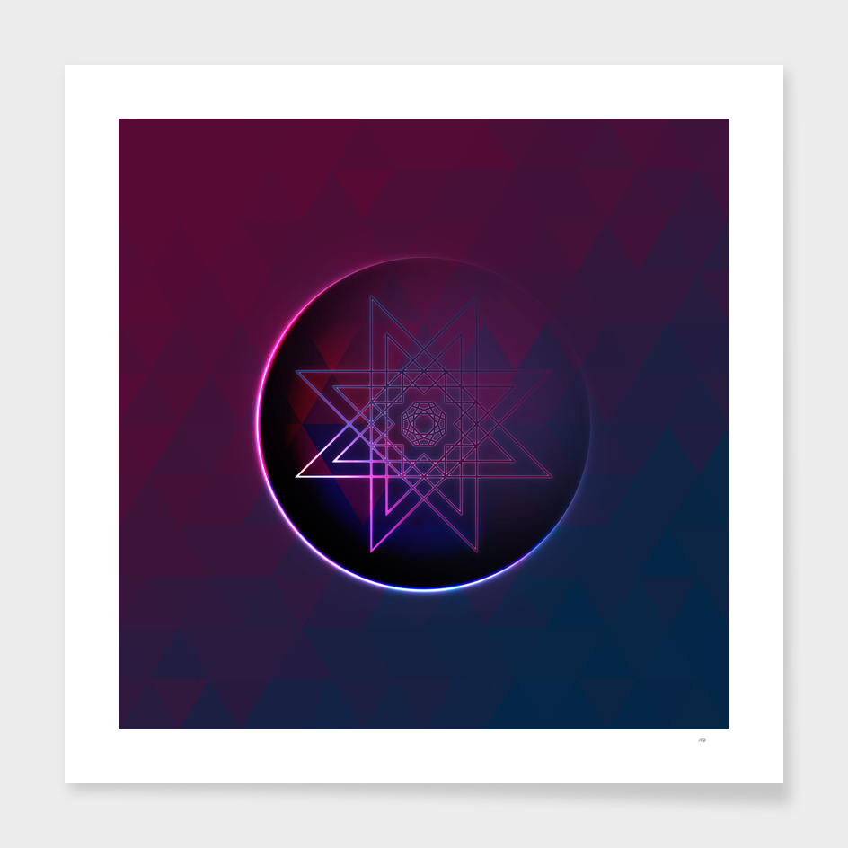 Geometric Neon Glyph on Jewel Tone Triangle Pattern