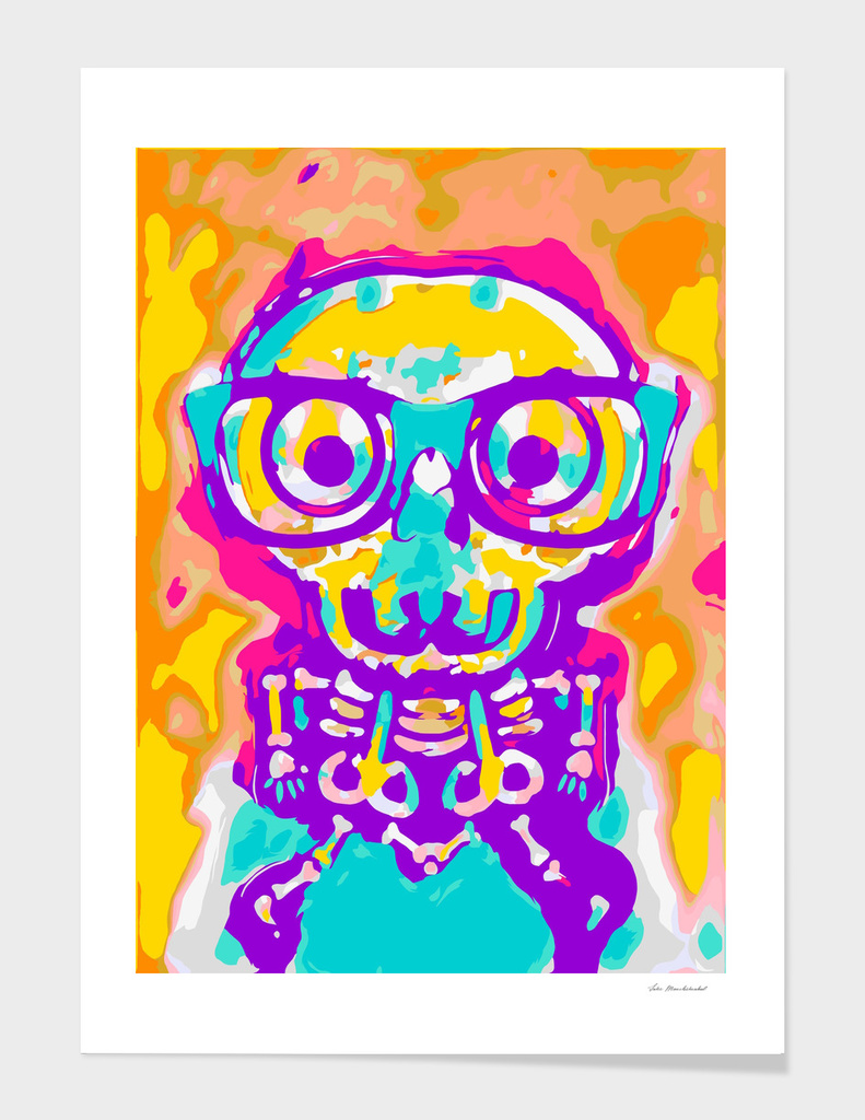 funny skull in blue yellow pink orange and purple