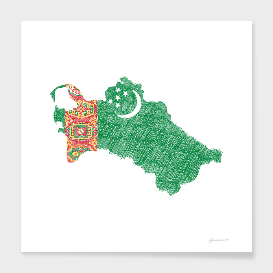 Turkmenistan Flag Map Drawing Line Art