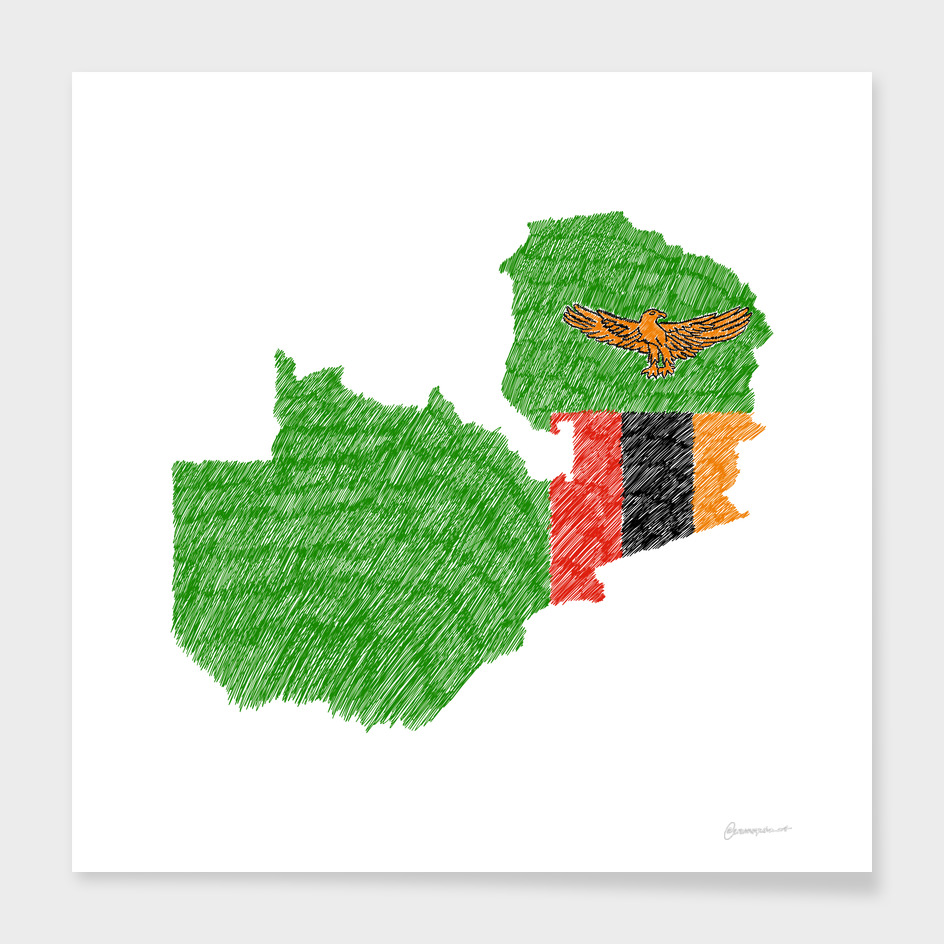 Zambia Flag Map Digital Drawing Line Art
