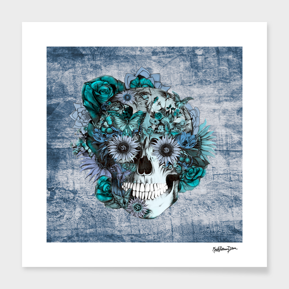 Blue grunge sunflower skull