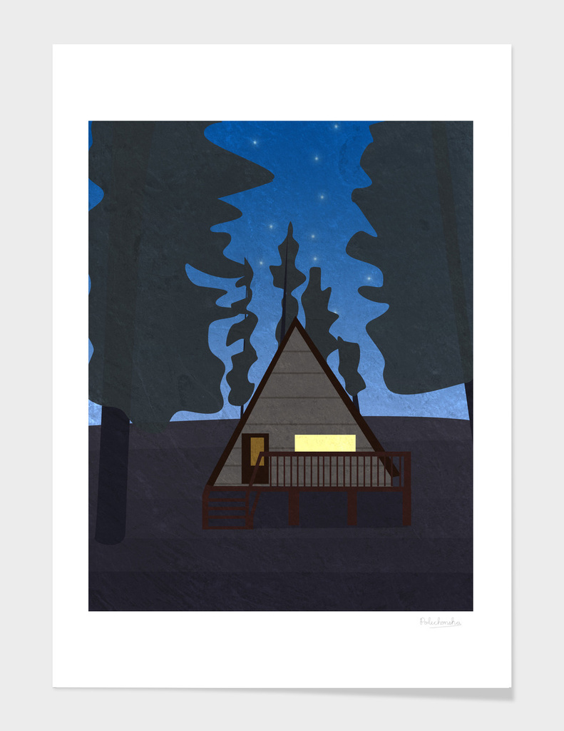Mountain Cabin At Night