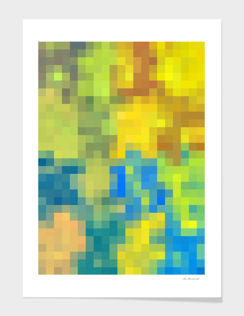 geometric square pixel abstract in yellow blue green brown