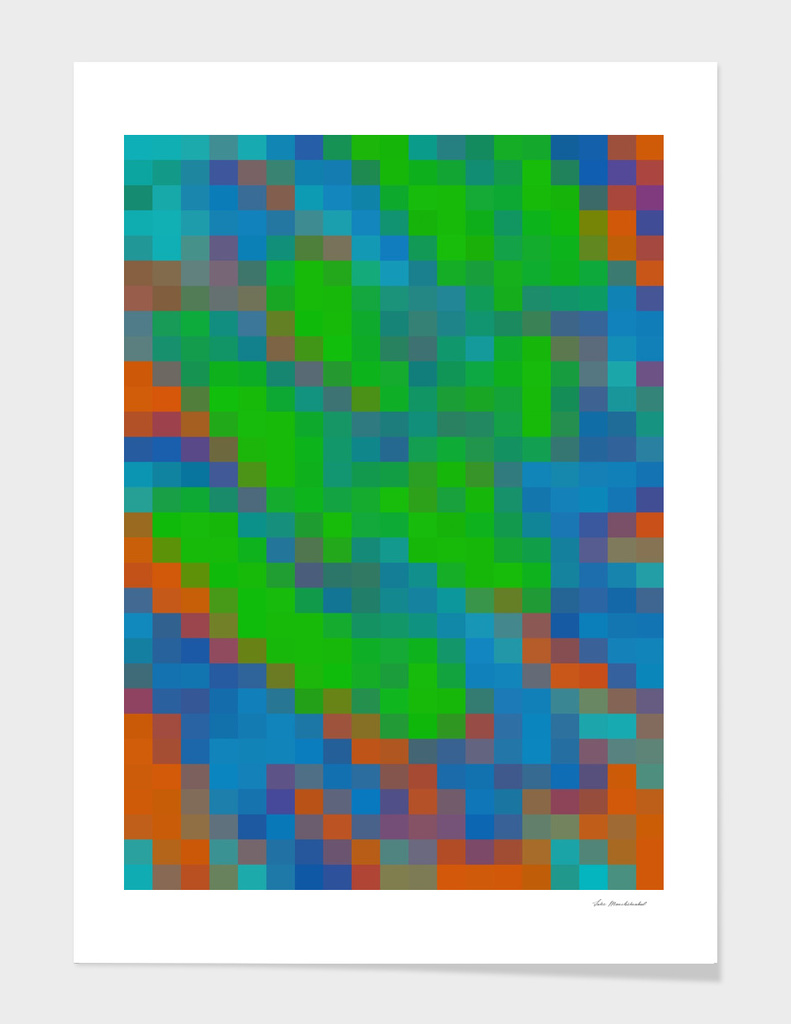 geometric square pixel abstract in green blue orange
