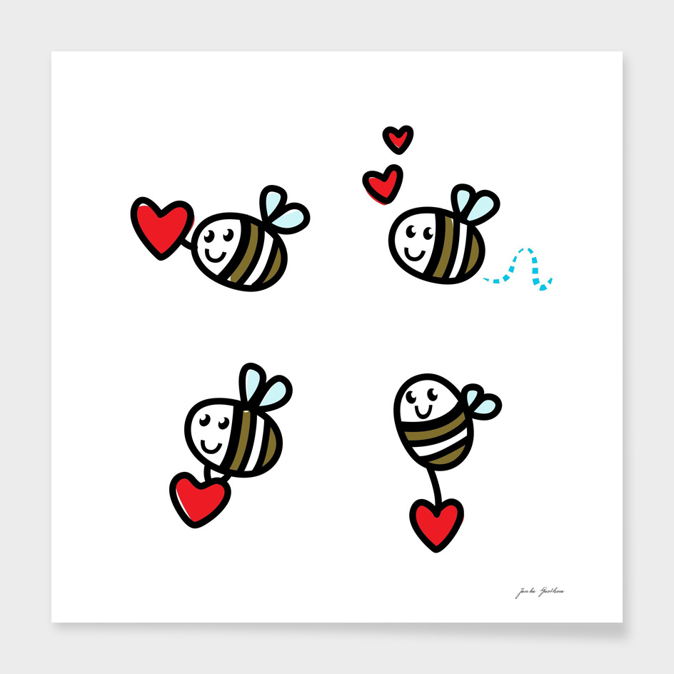 Cute hand-drawn bee characters on white