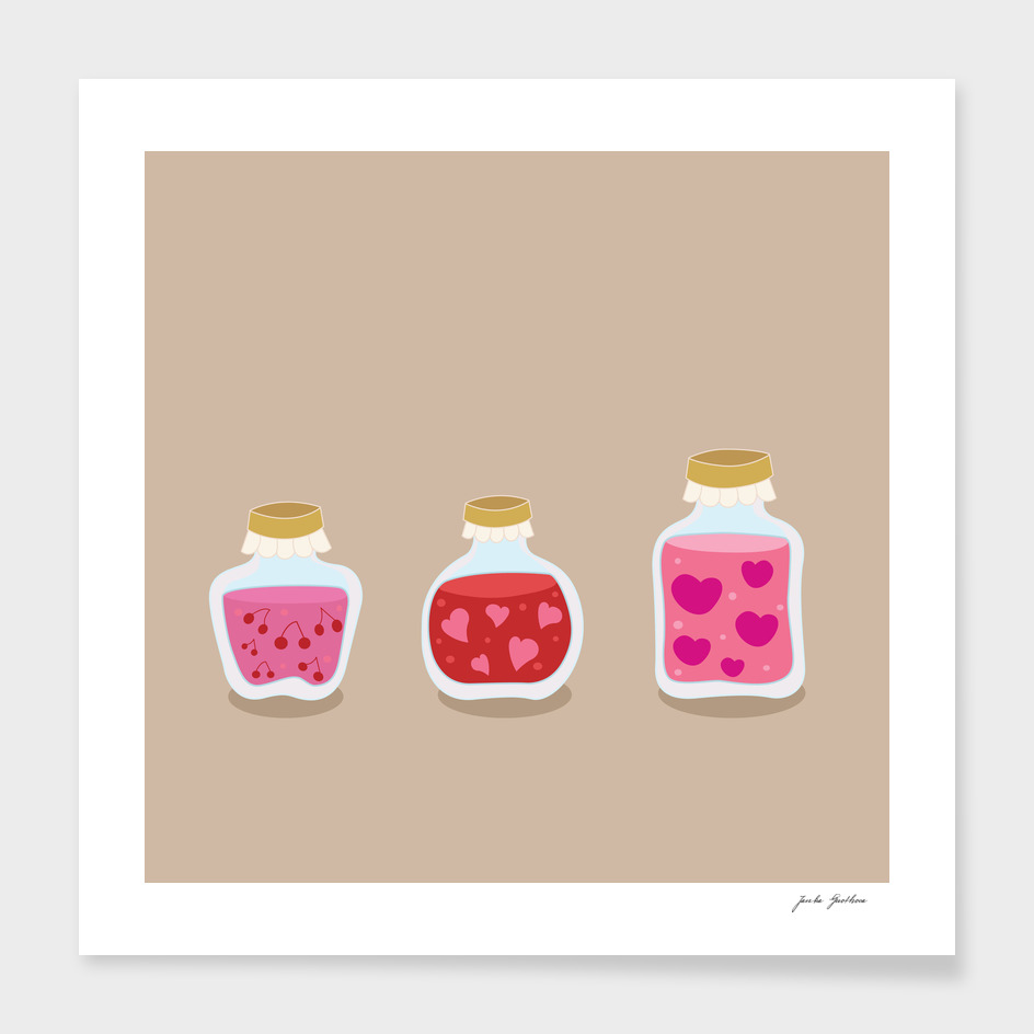 Cute hand-drawn jars with fruit / pink red