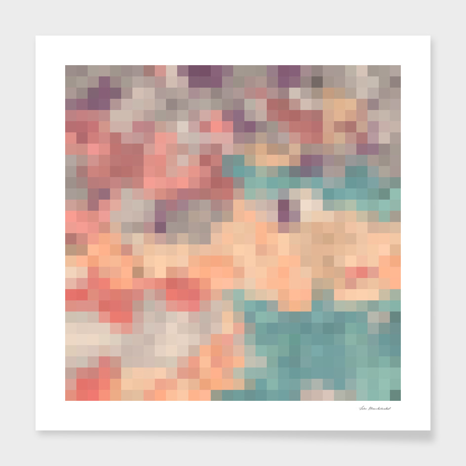 geometric square pixel abstract in pink orange purple blue