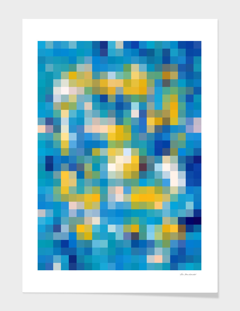 geometric square pixel abstract in blue and yellow
