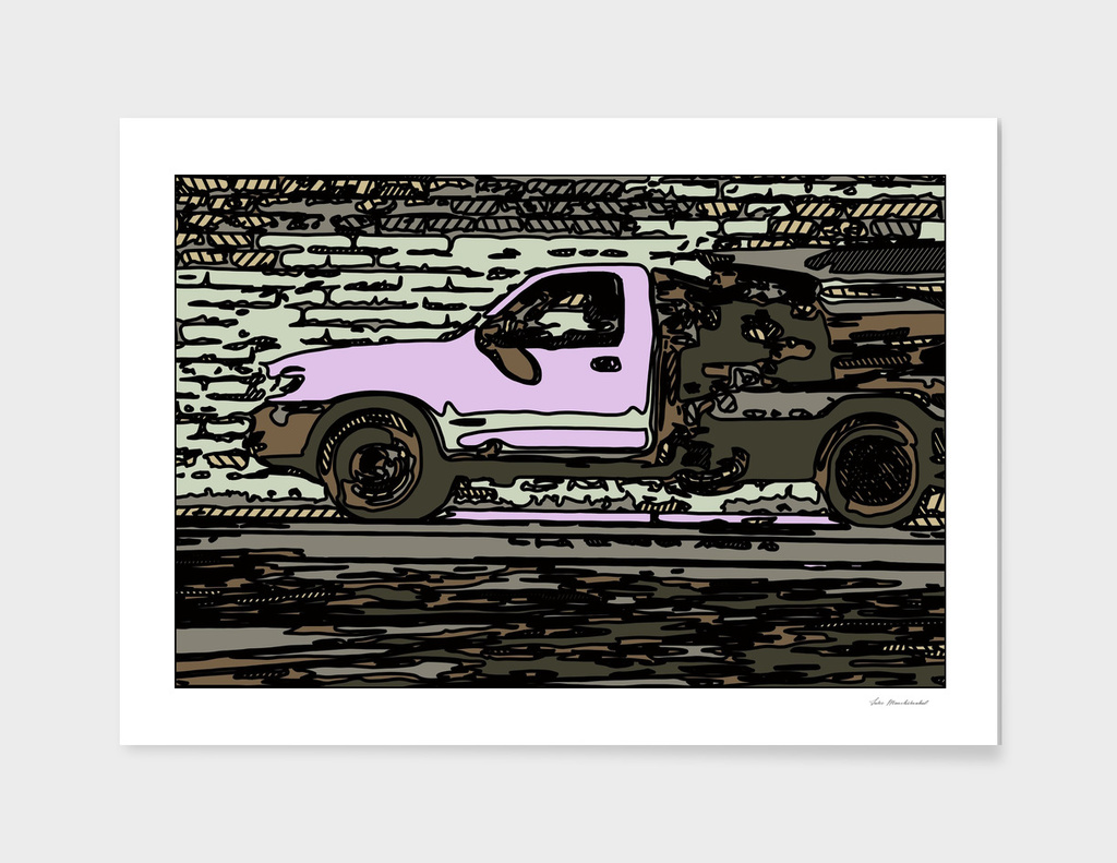 pink car on the street drawing abstract