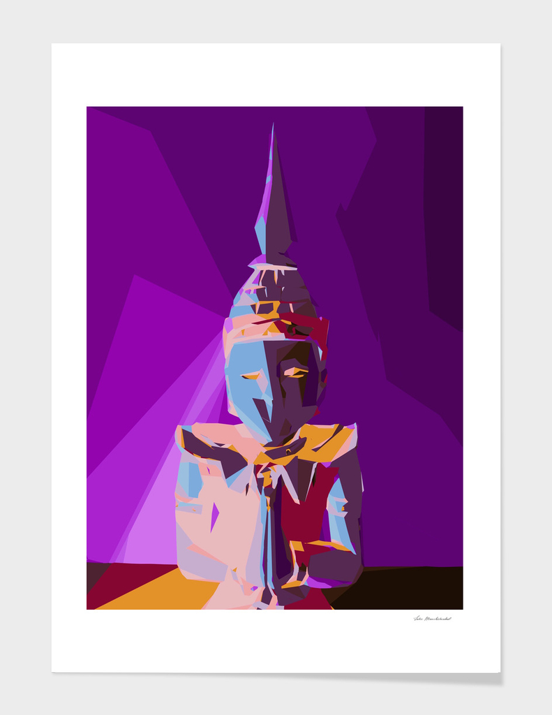colorful geometric statue with purple background