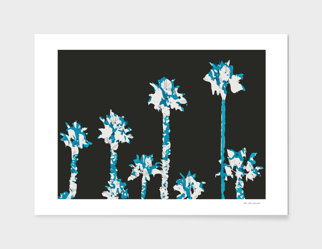 blue palm trees with dark blue background