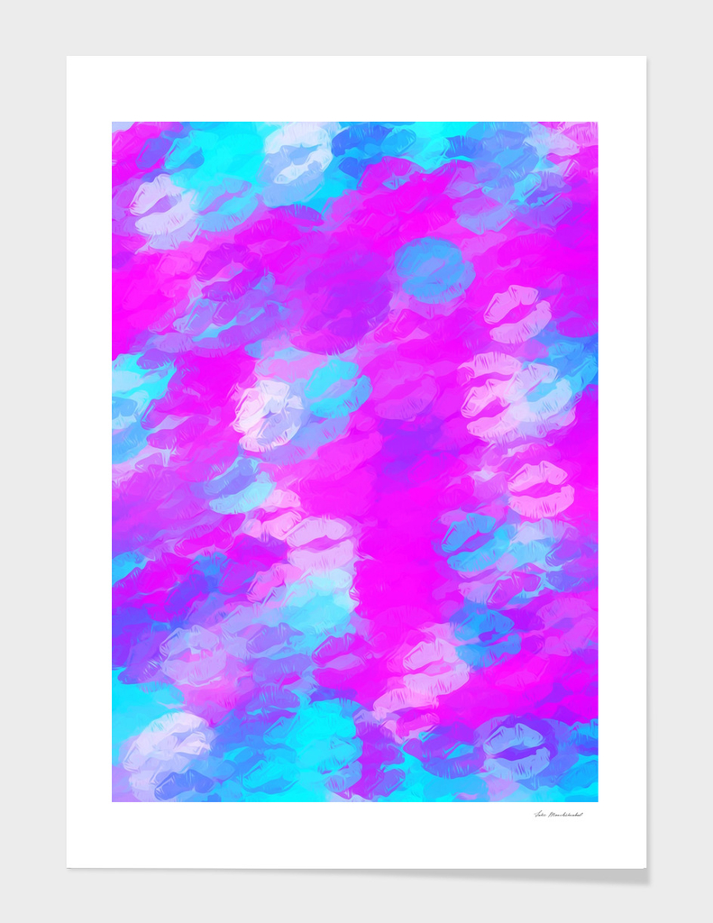 pink and blue lipstick kisses abstract background