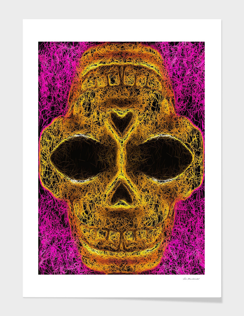 psychedelic geometric painting golden skull head portrait