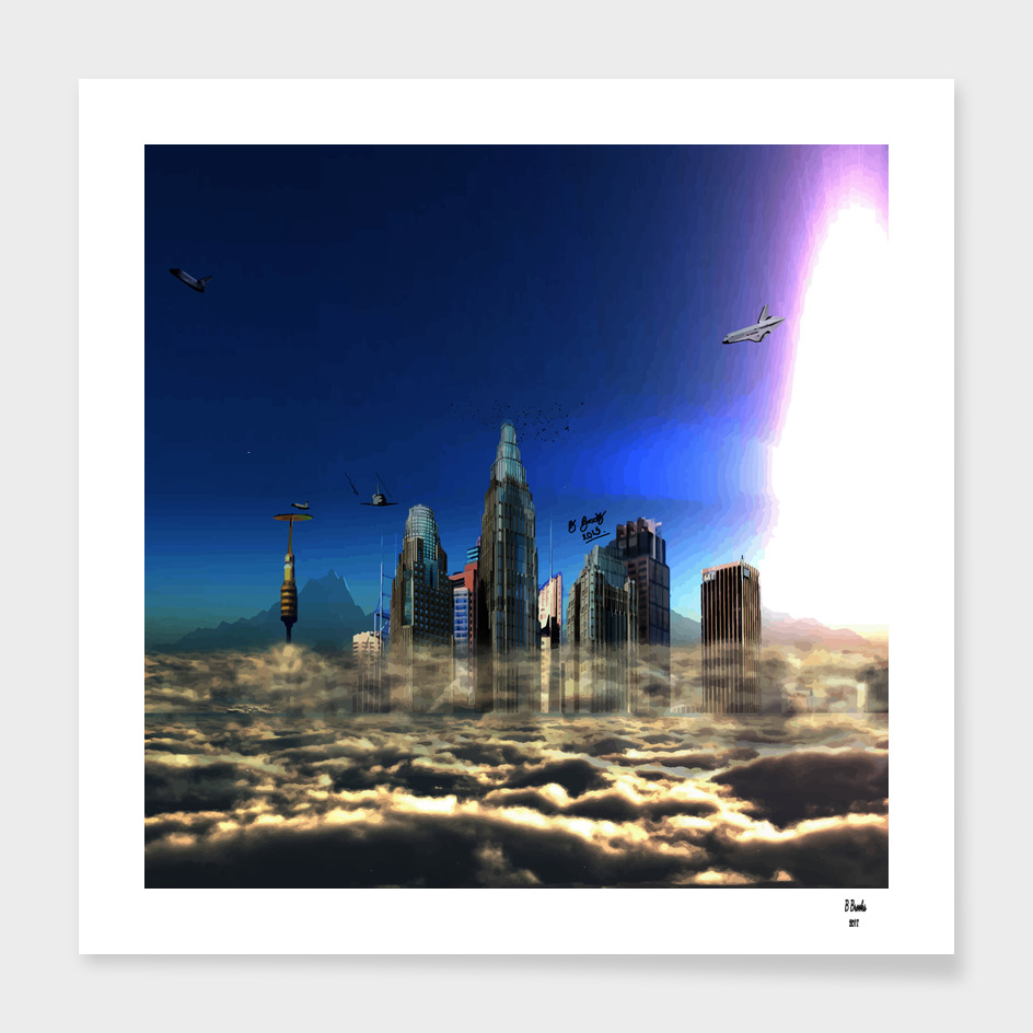 city in the clouds  dark framed print