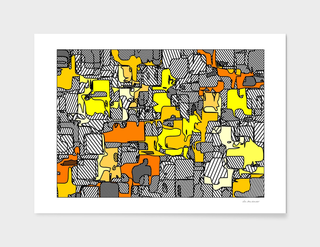 psychedelic geometric graffiti drawing in yellow and orange