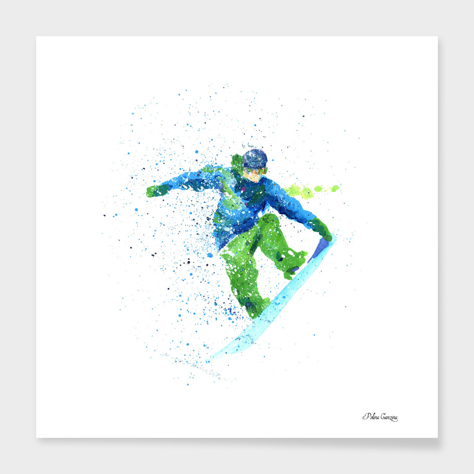 Snowboarder jumping through air at white background
