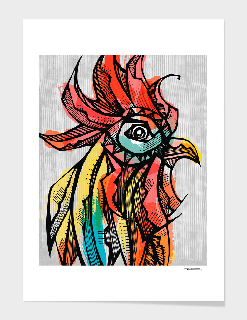 Rooster head ink drawing
