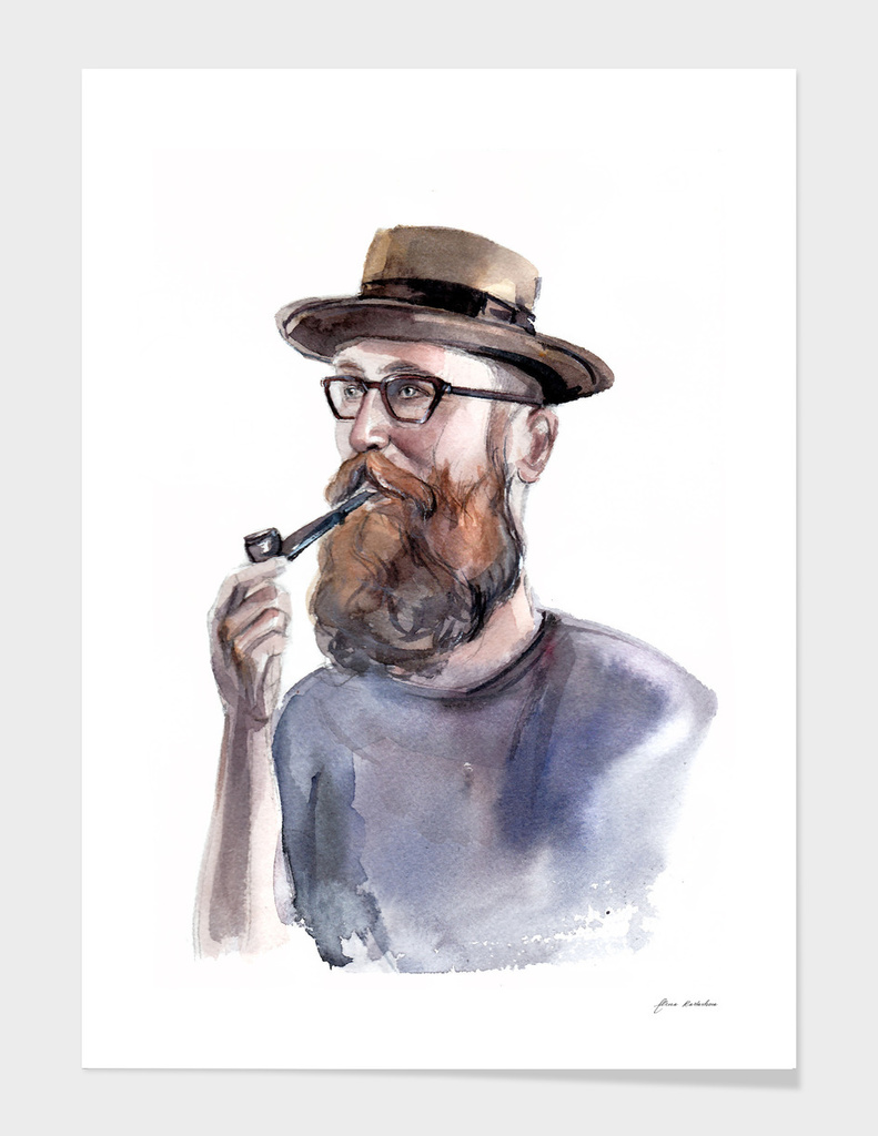 Portrait of a man with a beard and a tobacco pipe
