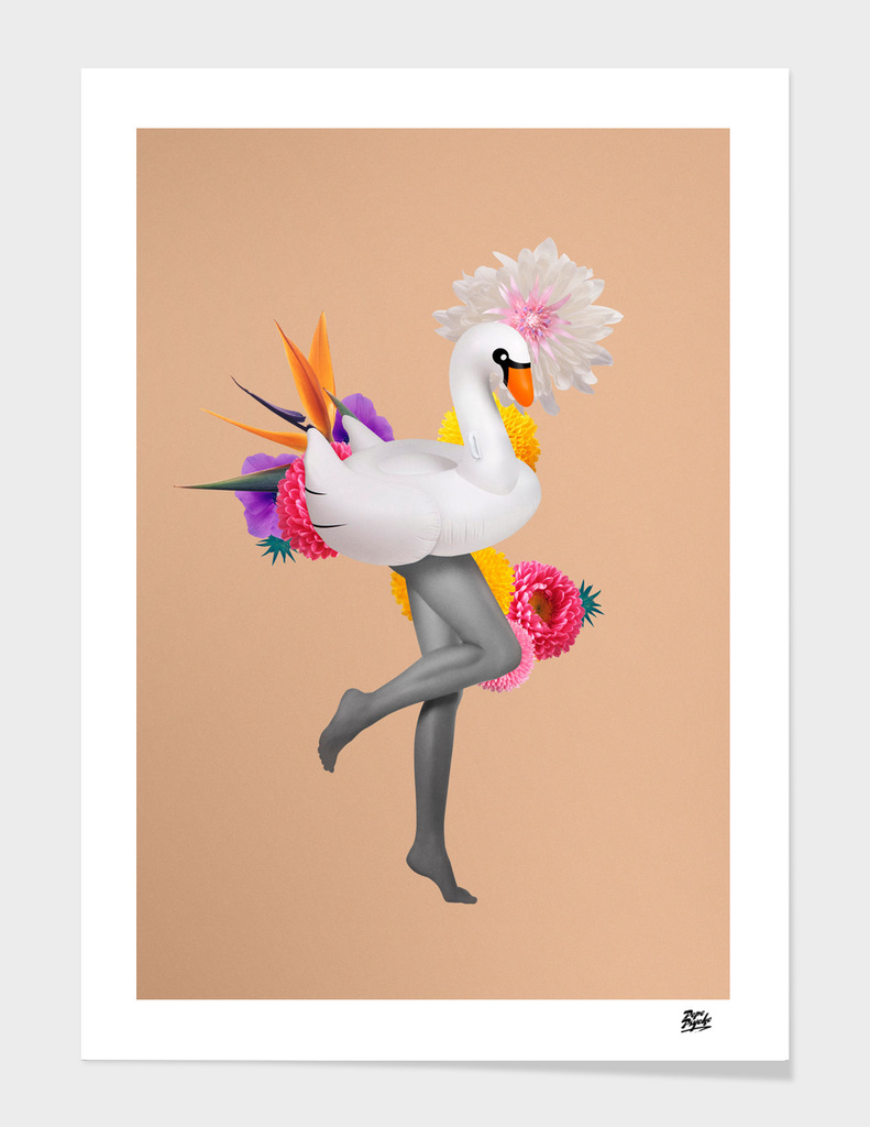 Surrealist White Swan Girl Pepe Psyche Gold Pink Black