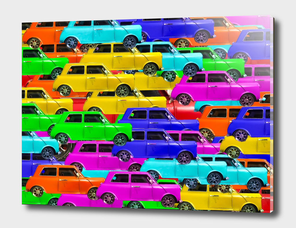 vintage car toy pattern background in yellow blue pink green