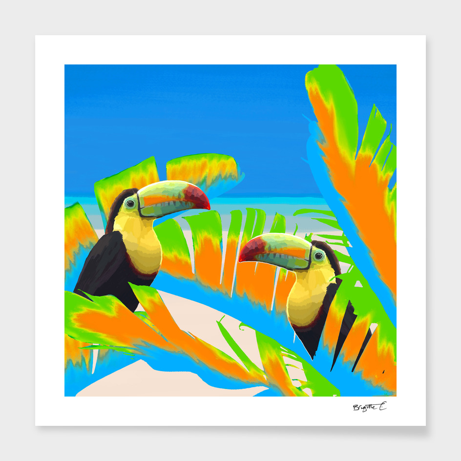 Colorful Toucans Tropical Banana Leaves Pattern