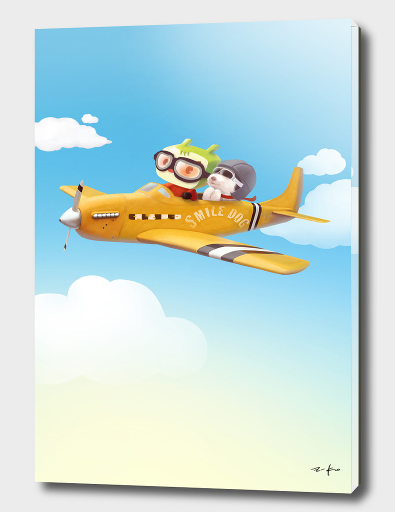 Little pilot and dog on a plane in the Sky