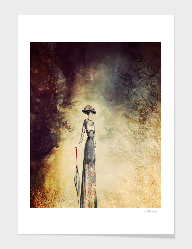 VINTAGE FASHION LADY IN ABSTRACT FOREST